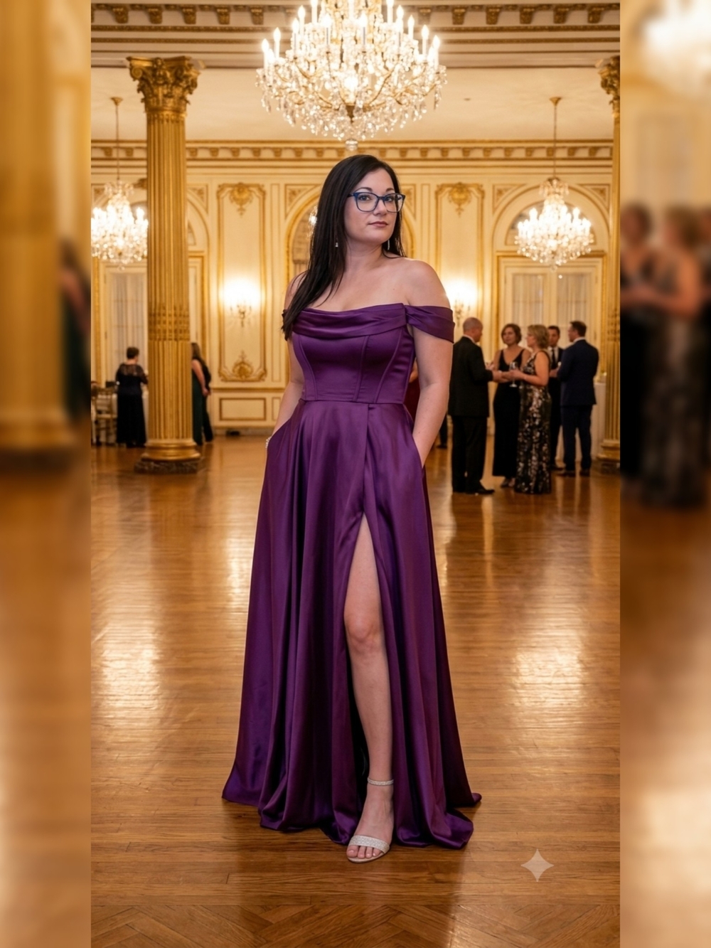 David's Bridal Off-Shoulder Satin Evening Gown in Deep Purple